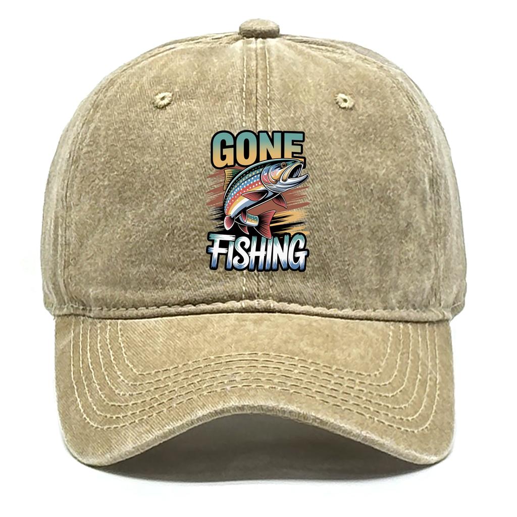 Classic Gone Fishing Dad Hat Vintage Washed Cotton with Fish Graphic Relaxed Outdoor Baseball Cap For Unisex Women