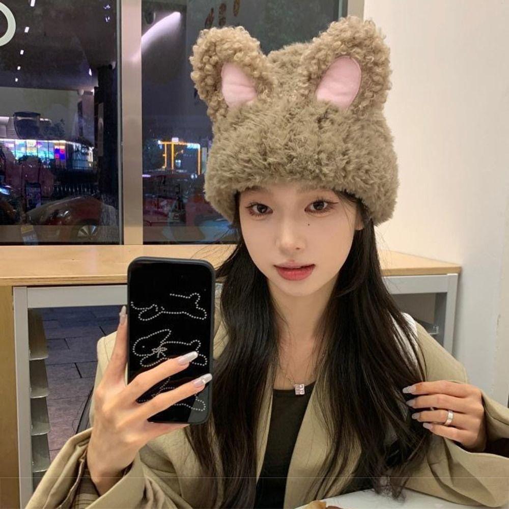 Fluffy Rabbit Ear Beanies Solid Color Winter Outdoor Warm Cap Knitted Plush Hat  Outdoor Activities