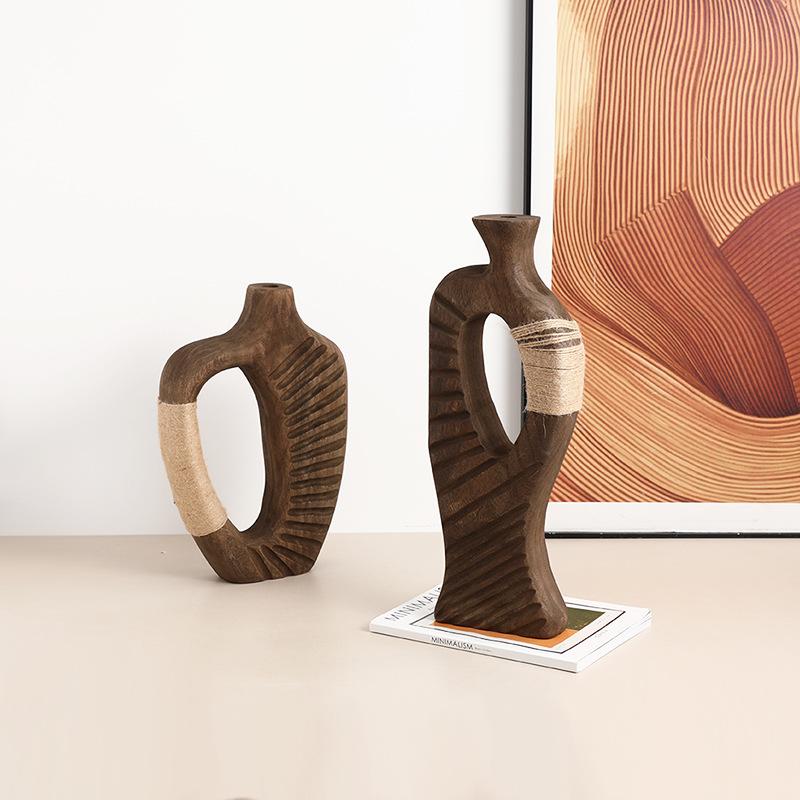 Handmade Wooden Vase Abstract Hollowed-out Natural Wood Flower Vase Flower Arrangement Accessories Hemp Rope Home Decoration