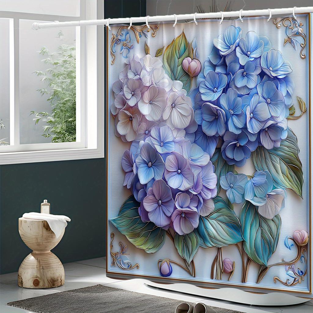Elegant Hydrangea Shower Curtain - Golden Frame, Lush Green Leaves, Soft Pastel Blue & Purple,  Machine Washable, Bath Decor