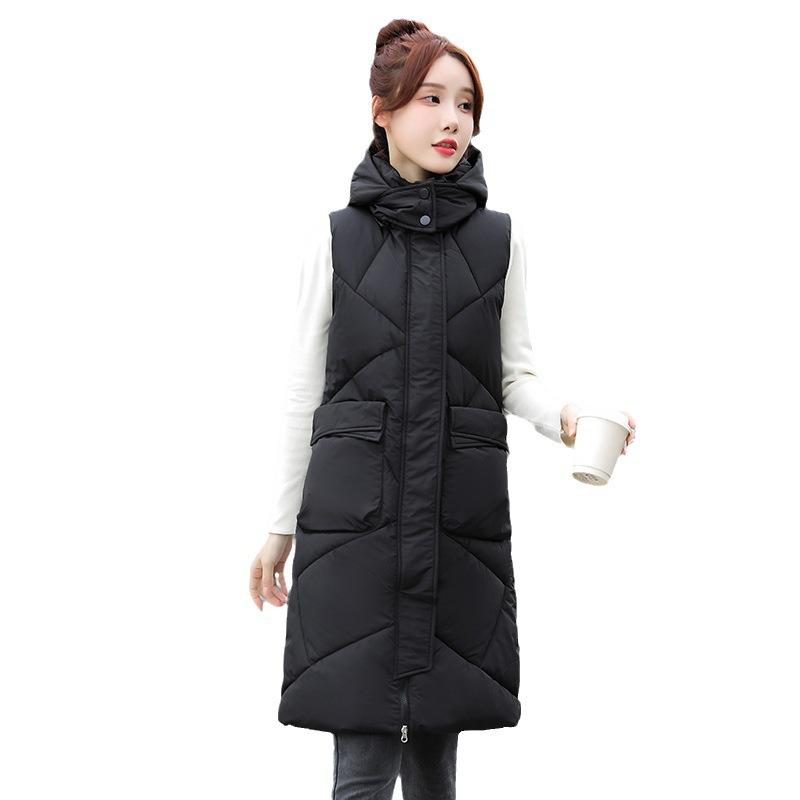 Autumn and winter new medium and long thin large size hooded thickened down cotton jacket vest women's vest vest tide
