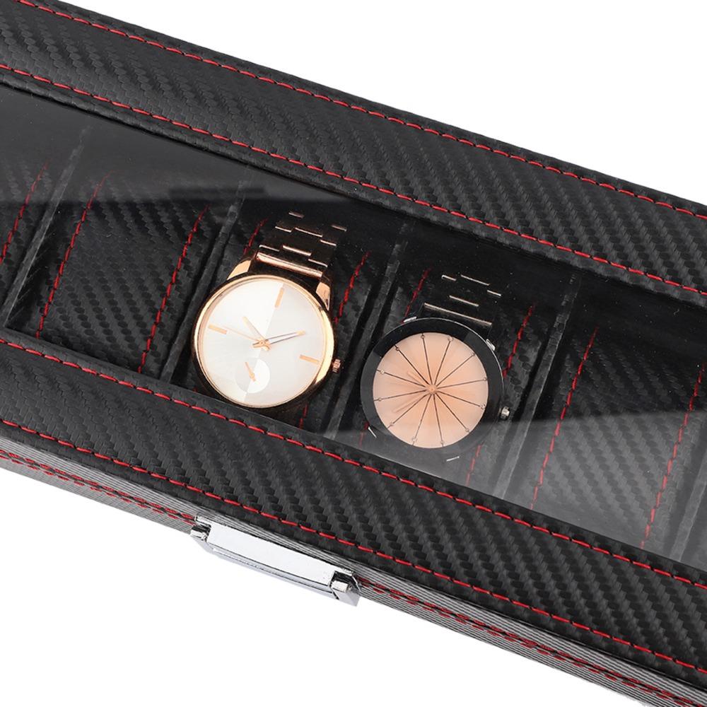 Elegant Carbon Fiber Watch Box 6 Slots Red Line Watch Storage Luxury Transparent Window Watch Case Collection Use