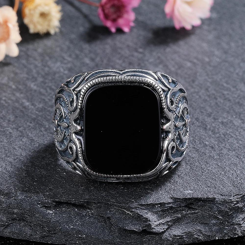 Silver  Ring Natural 12*14mm Rectangle Big Black Agate Stone Vintage Ring For Women Party Anniversary Gifts