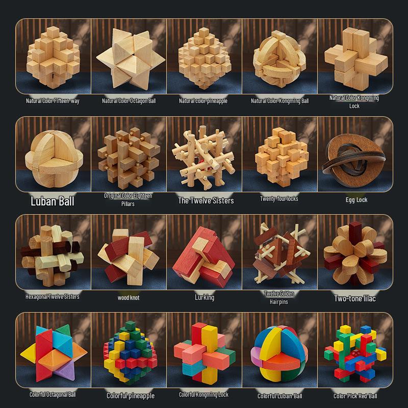 Colorful Wooden Kongming & Luban Lock Puzzle - Fun Brain-Teasing Disentanglement Challenge