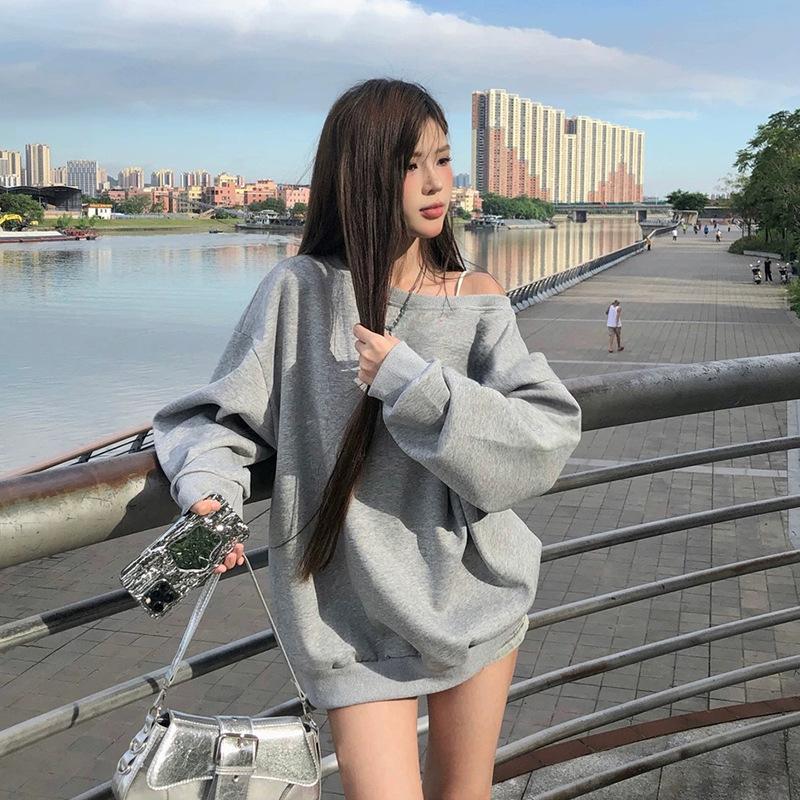 Women S Off Shoulder Loose Mid Length Hoodie Lazy Casual Top
