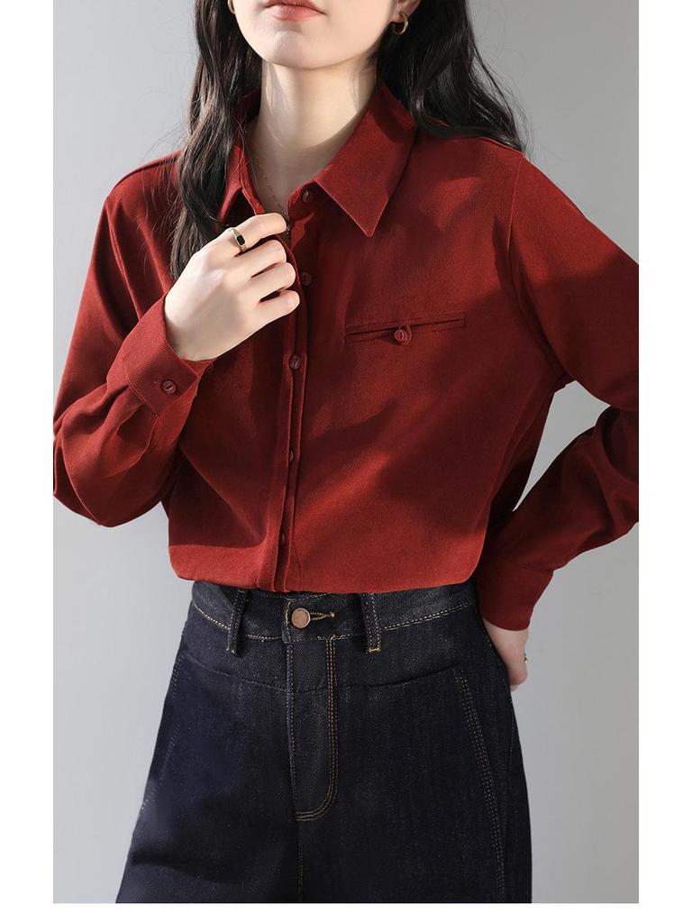 Women's Retro Red Lapel Shirt - 2026 Spring/Autumn Brushed Long Sleeve Top