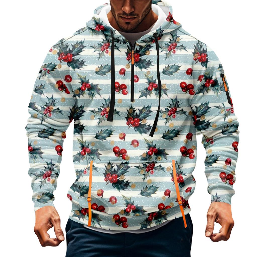 Sudadera deportiva casual de media cremallera con capucha y estampado navideño para hombre