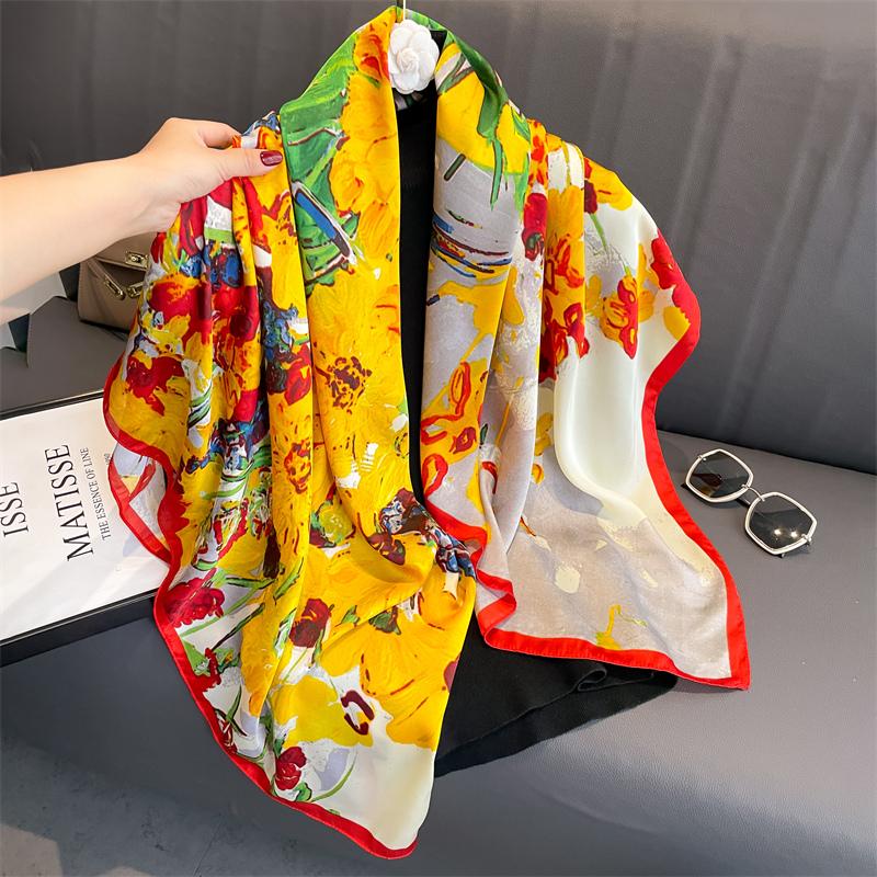 110x110cm Women Silk Square Scarf Hijab Female Design Print Lady Shawl Wraps Foulard Headbands Bufanda Large Bandana Luxury