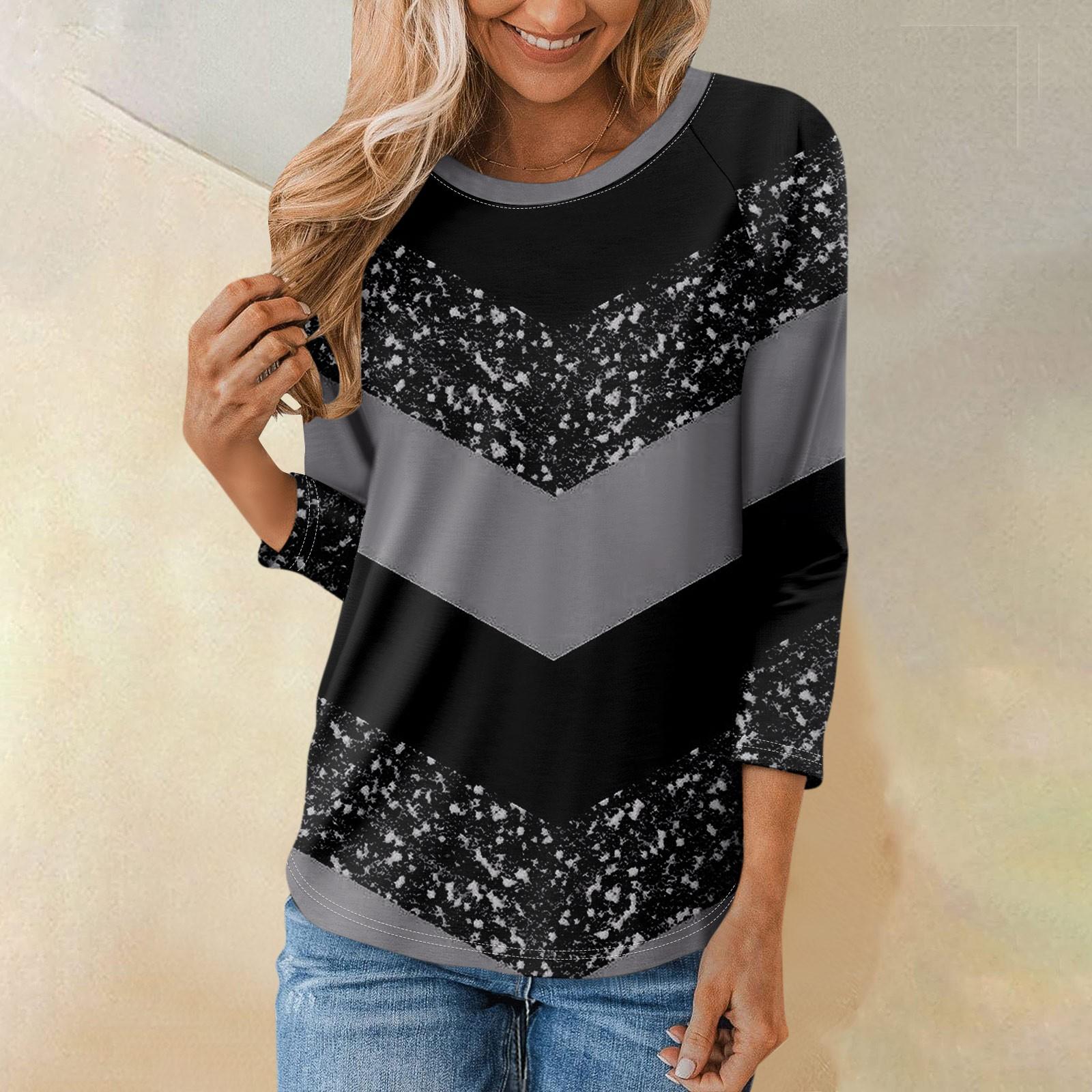 

Женская модная повседневная рубашка с круглым вырезом и рукавами 3/4, свободная футболка с принтом, женский топ L чёрный