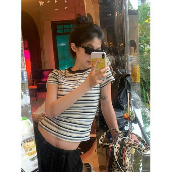 Women's 2024 American Retro Striped Short-Sleeve Shoulder T-Shirt - Slim Fit