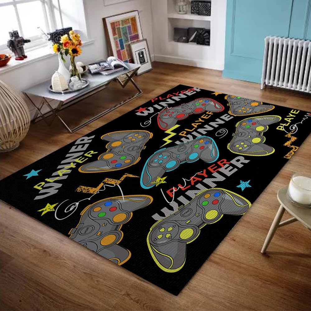Color Game Controller Carpet Mat Decoration Game Room Boy Bedroom Floor Mat Game Area with Joystick Design Washable Floor Mat