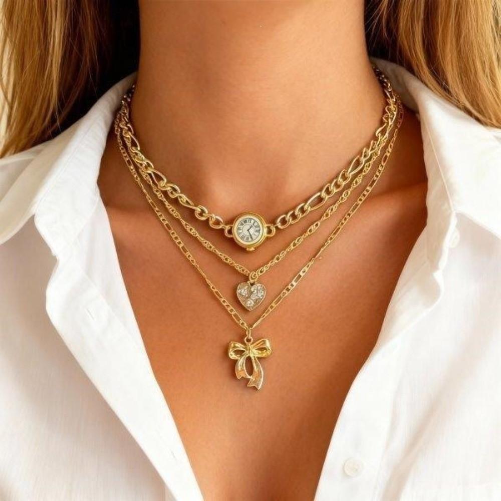 3PCS/SET Gold Color Necklace Set Metal Pendant Necklace Trendy Heart Bowknot Choker  Wedding
