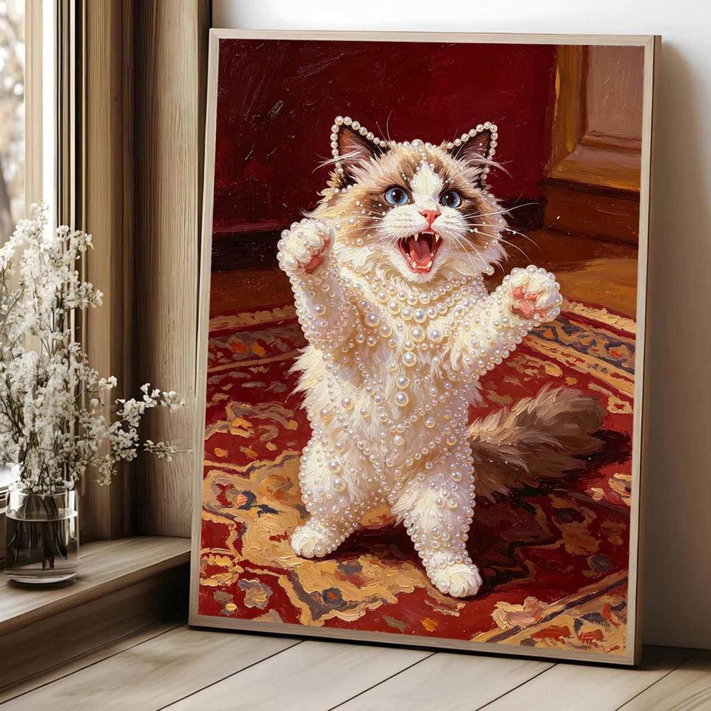 Stretched Frame Pearl Art Kit Cute Ragdoll Cat Pattern DIY Sparkling Bead Canvas Relaxing Hobby Gift for Handicraft Lovers Unique Home Decor