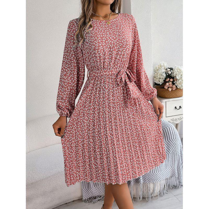 

INS Style Fall and Winter New Arrival Casual Long Sleeves Floral Large Swing Pleated Skirt European and American Women s Clothing Pink M
