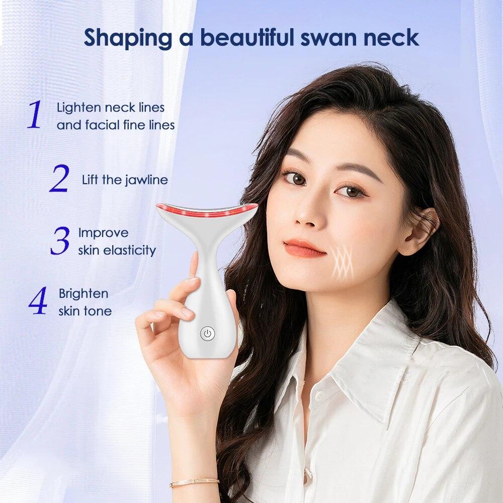 Neck Face Beauty Device 3 Colors Led Photon Facial Massager Firming Rejuvenation Anti Wrinkle Ultrasonic Vibration Lifting