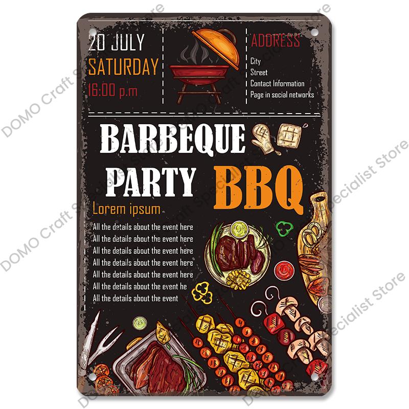 Vintage Barbecue Plaques Metal Tin Signs Grill Meat Steak Sausage Retro Metal Plate Wall Decor BBQ Party Shop Dining Room