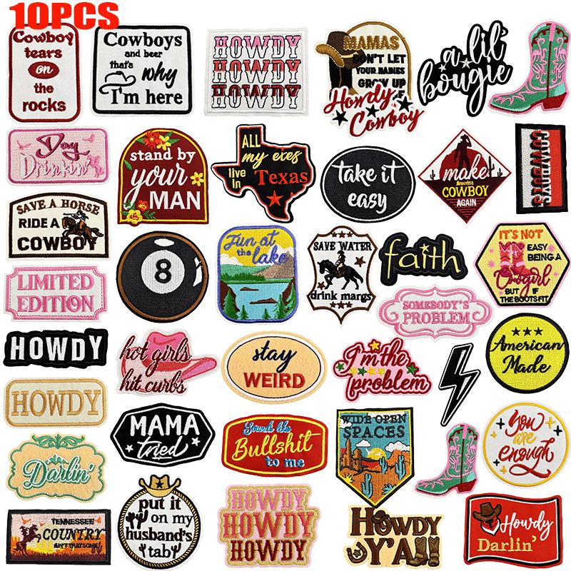 10pcs /Lots Western Cowboys Embroidered Patches Letter Patch Iron On Patches For Clothing Thermoadhesive Patches Jackets Hats Diy 