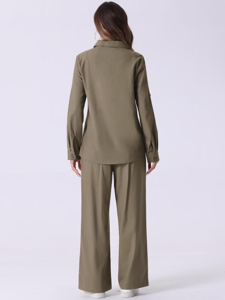 Allegra K Women's 2-Piece Linen Set: Button-Down Shirt and Drawstring Wide-Leg Pants, Gray-Green, Size L