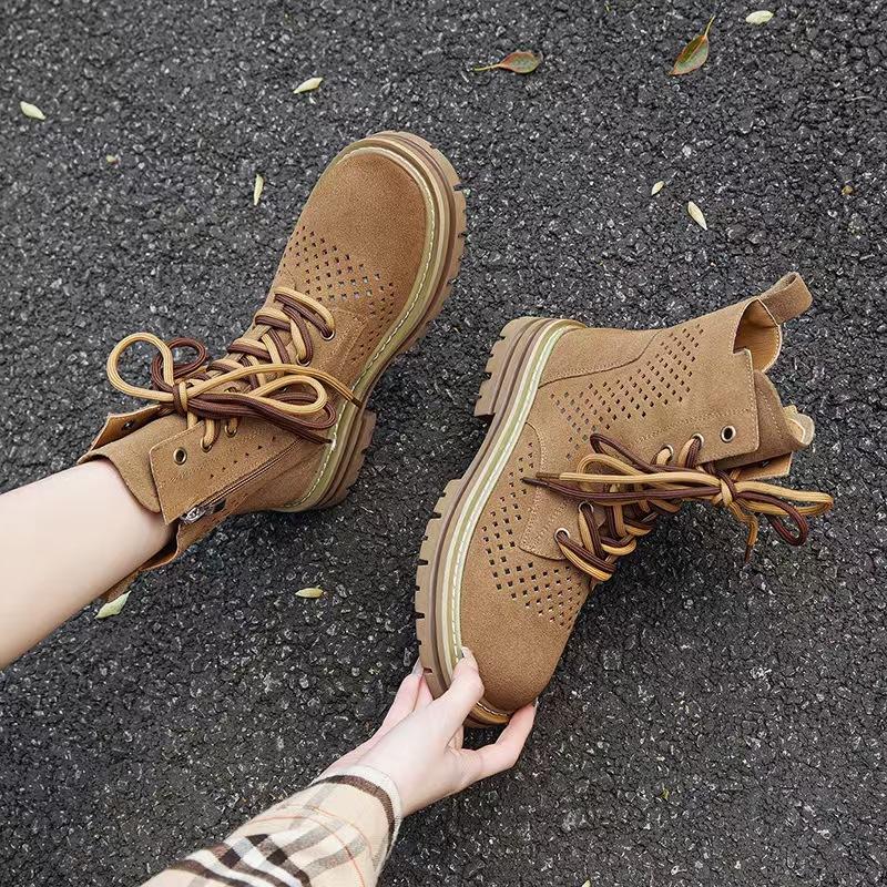Outdoor hollow Martin boots women's 2025 new summer breathable super fire small short boots soft leather brown western cowboy boots