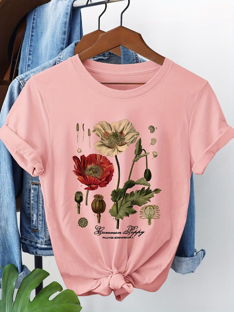 with Poppy Flower Print Breathable Fabric Shor Sleeved Round Neck T-Shirt Fashion Harajuku Kawaii T-shirt Women's Y2K Clothing