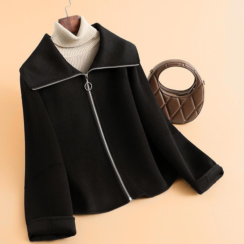 Double-sided Woolen Jacket Women's Short Autumn New Design Large Lapel Niche Zipper High-end Coat