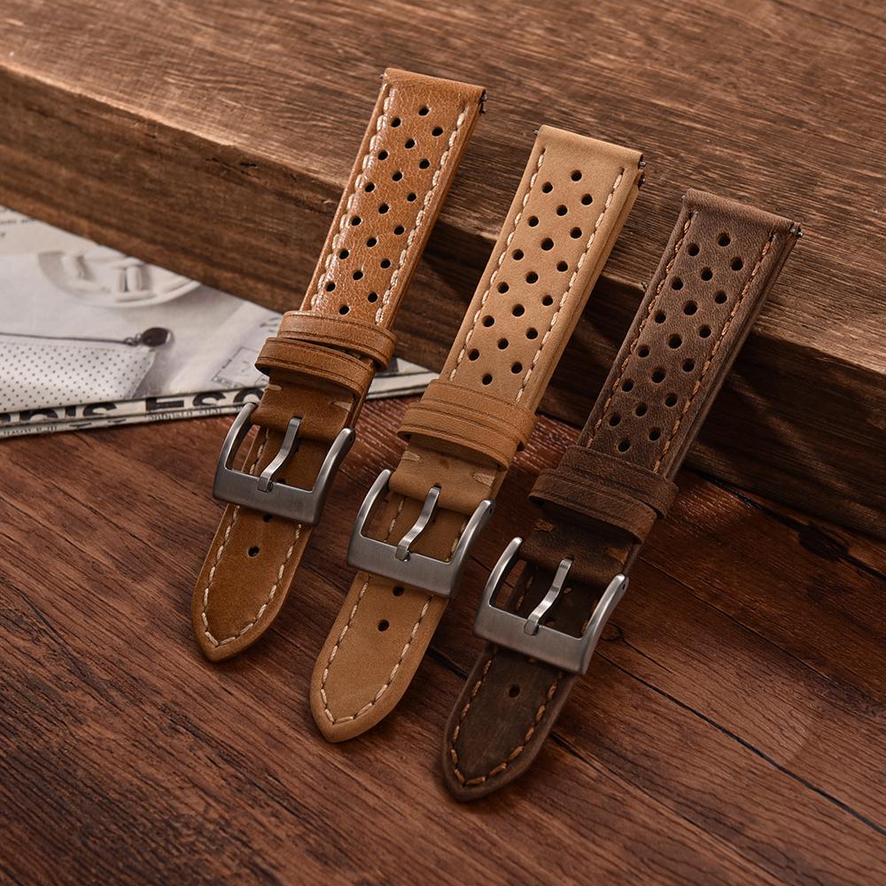 Racing Leather Strap 18mm 20mm 22mm Breathable Porous Leather Watch Strap Quick Release Leather Watchbands Universal Men Women