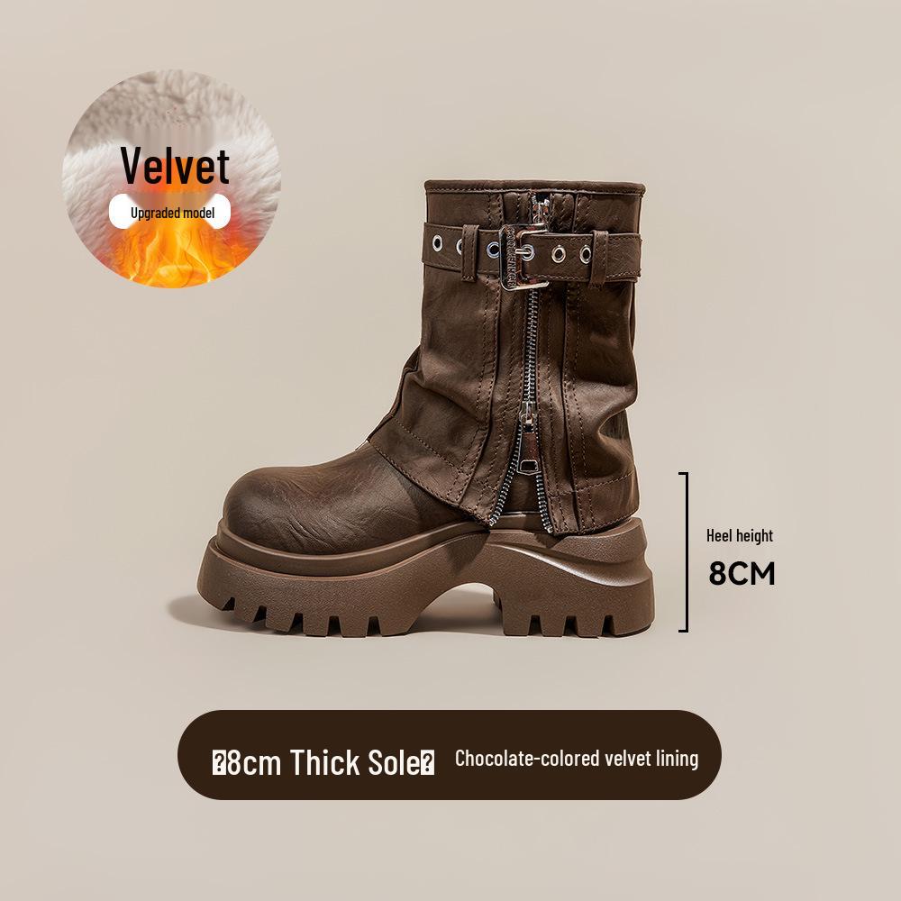Women's Brown Retro British-Style Slimming Martin Boots, Knee-High, Thick Sole, Autumn 2025 Collection.