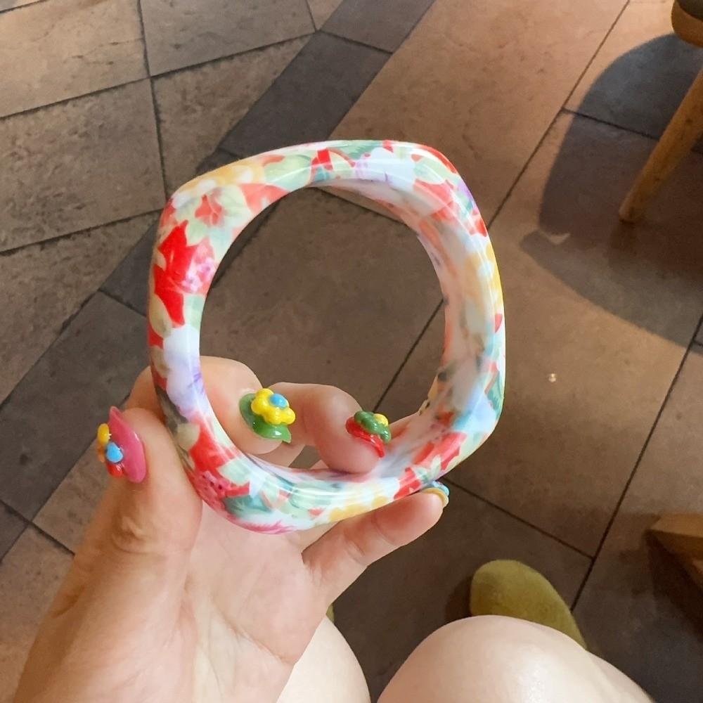 Bohemian Vintage Floral Resin Bangle Minority Design Flower Print Square Chunky Bangle Decoration