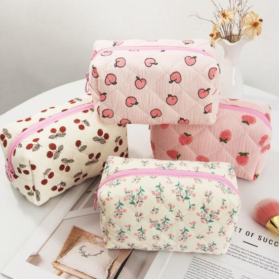 Quilted Cosmetic Pouch Soft Zippered Cute Peach Cherry Toiletry Bag Travel Makeup Bag Portable Organizer