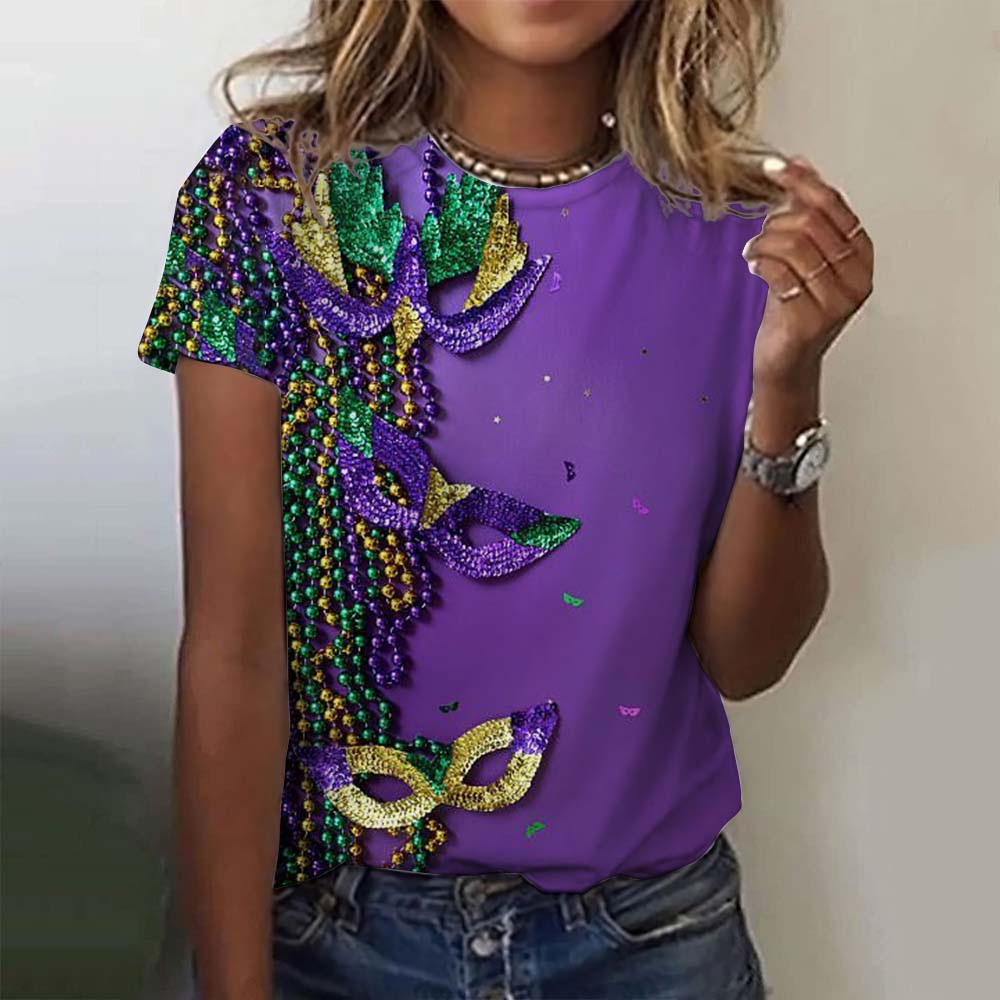 Dámská grafická trička s motivem slavnostní masky Mardi Gras, ležérní letní novinka na dovolenou s klopou a krátkým rukávem, karnevalové oblečení