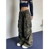 Women's Low Rise Wide Leg Camo Cargo Jeans Vintage Multi Pocket Pleated Stacked Floor Length Non-Stretch Hip Hop Winter Denim Trousers
