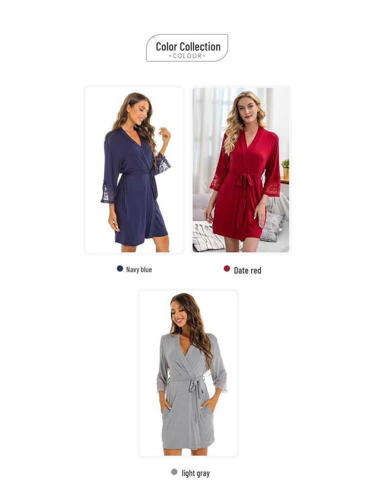 Plus Size Modal Cotton Lace Sleepwear - Women's Solid Color Loose Nightgown/Bathrobe
