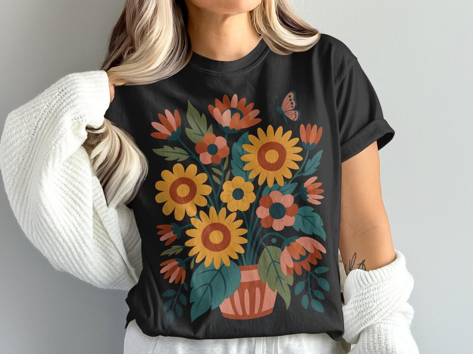 Floral T-Shirt, Butterfly T Shirt, Flower Bouquet Tee, Botanical Shirt, Gardener Gift, Nature Lover Tee, Floral Design TShirt S