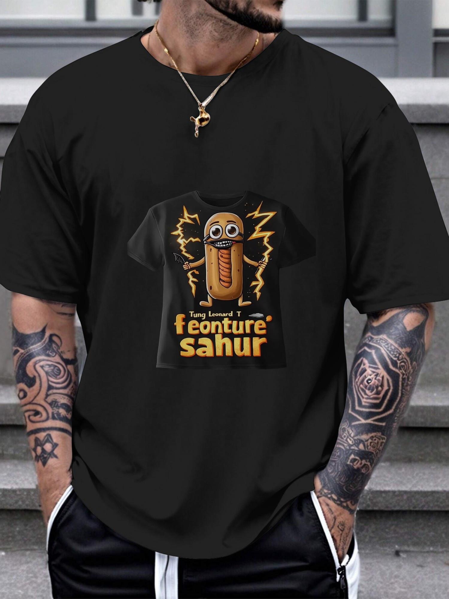 Casual Graphic T-shirt - Hot Dog Lightning Strike Baseball Bat Masked Cartoon Design XXXXL