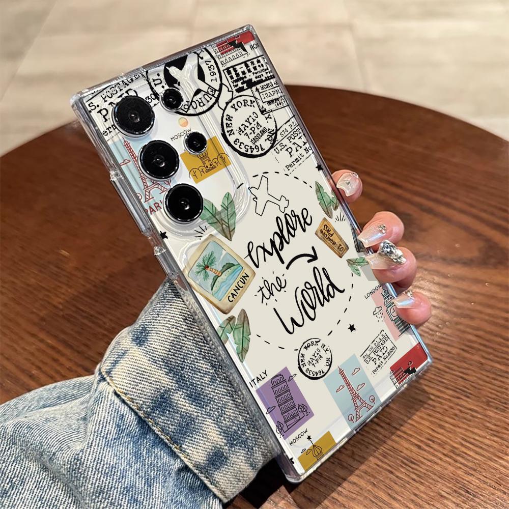 Travel Postcard Phone Case For Samsung Galaxy A35 A55 A53 A54 A34 5G Note 20 S23 S25 S24 S22 S21 Ultra FE Plus Clear TPU Fundas