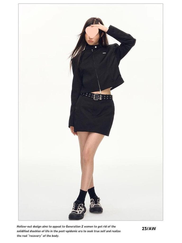 Amerikanische Retro Cool Hot Girl Schwarze Stehkragen Schlankmachende Frühlingsjacke für Damen