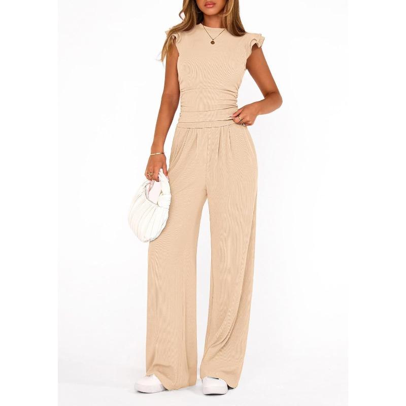 GMXIA Women's Fashion Casual Summer Spring Short Sleeve O-Neck Pants Suits