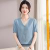 Mom's Stylish Summer Ice Silk Blouse: Middle-Aged Women's Short-Sleeve Knit T-Shirt with Faux Two-Piece Design