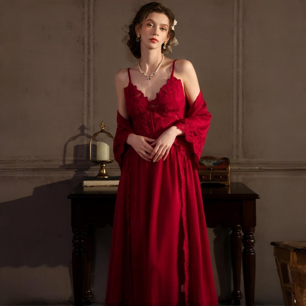 French Romantic Lace Nightgown & Silk Robe Set - High-End Elegant Homewear