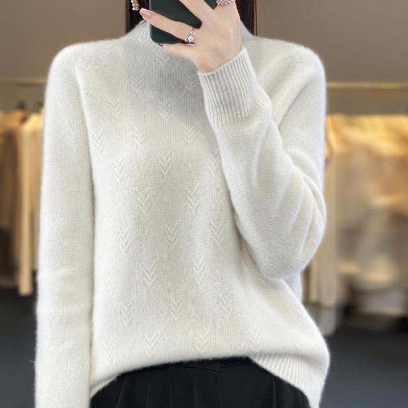 Half Turtleneck Jacquard Cardigan Autumn and Winter Loose and Versatile Cashmere Knitted Sweater Skin-friendly Warm Bottoming Shirt Top