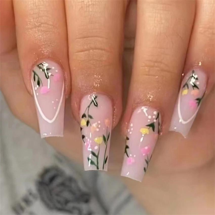 24Pcs French Long Ballet Square Fake Nails Removable Full Cover Press On Nails Acrylic False Nail Tips
