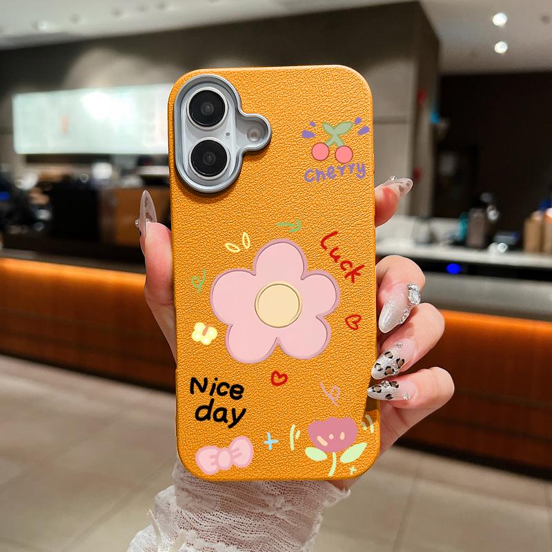 Cute Carton Flower Pattern Leather Texture Slim Soft Case For iPhone 16 Pro Max 15 14 Pro 13 12 11 Matte Lens Protection Shockproof TPU Phone Cover
