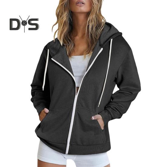 Autumn Spring Women Coat Hooded Drawstring Long Sleeves Pockets Zip-up Elastic Cuff Hem Loose Sport Hoodie Casual Daily Wear Jacket