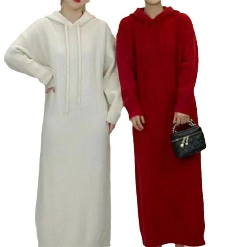 Solid color temperament gentle wind fashion knitted primer dress women's red atmosphere bright silk hooded sweater long dress