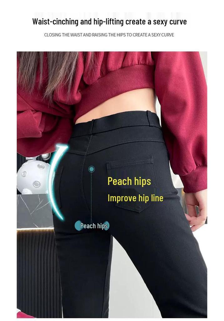 Black High-Waist Stretch Leggings for Women, Plus Size, Fleece-Lined, Slim-Fit Spring/Autumn.
