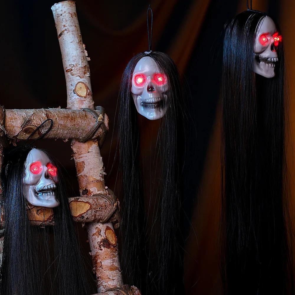 30PCS New Halloween Hanging Long Hair Ghost Skeleton LED Light-emitting Horror Skeleton Ghost Bar Haunted House Decoration Props
