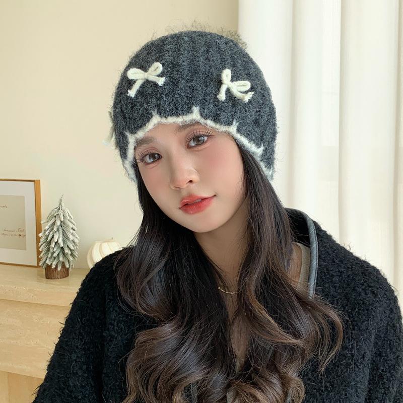 

Lace bow sweet versatile knitted hat autumn and winter hat women s thermal hat big head circumference wool hat One Size
