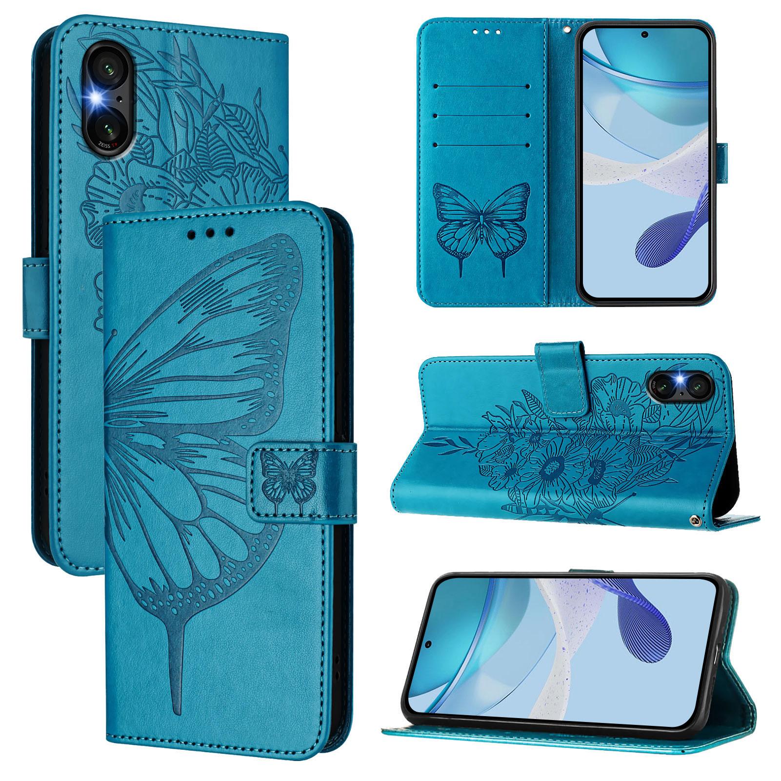 

For Sony Xperia 5 VI Wallet Case with Wrist Strap Butterfly Imprint Leather Phone Cover D