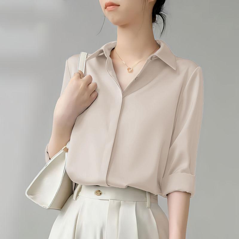 Spring Korean-style Pure Color Loose Satin Long Sleeve Shirt Women