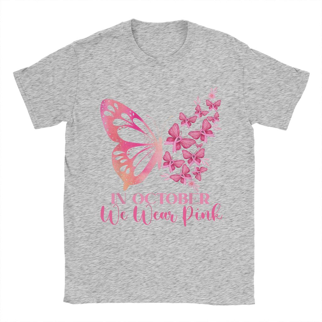 In October We Wear Pink Butterfly Breast Cancer Awareness Men T Shirts  Hipster Tee Shirt Short Sleeve Round Collar T-Shirt Tops